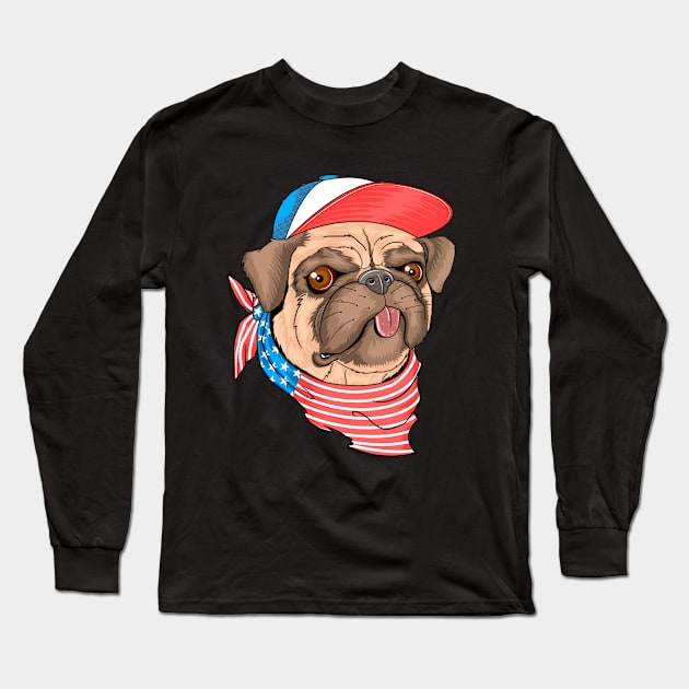 Pug dog usa flag Long Sleeve T-Shirt by Metaart